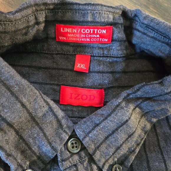 IZOD Men's Charcoal Gray & Black Pin Stripe Cotton/Linen Shirt SIZE XXL - Picture 3 of 7